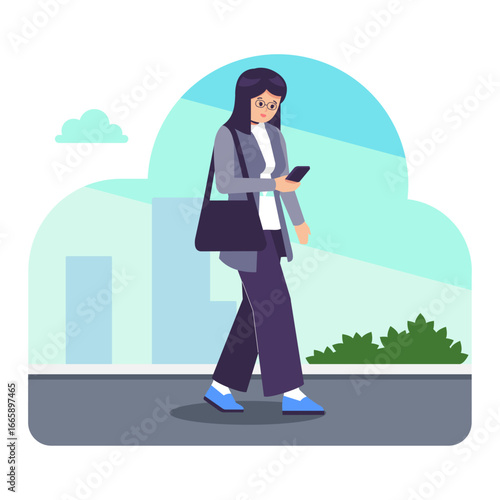 Beautiful female citizen walking carrying a sling bag and using a smartphone, woman in walking in the city.