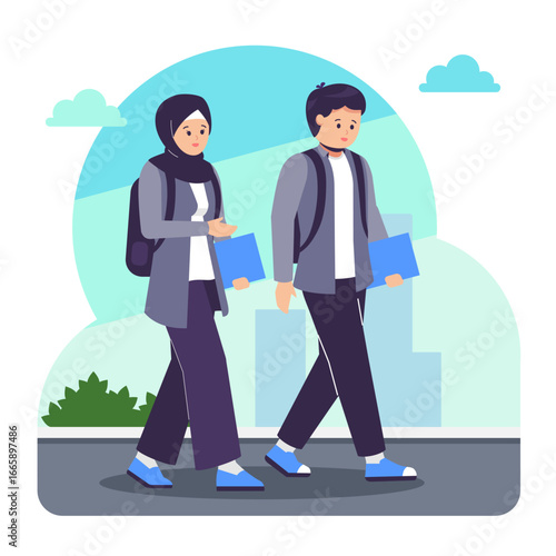 student couple talking while walking outdoors, socialization concept