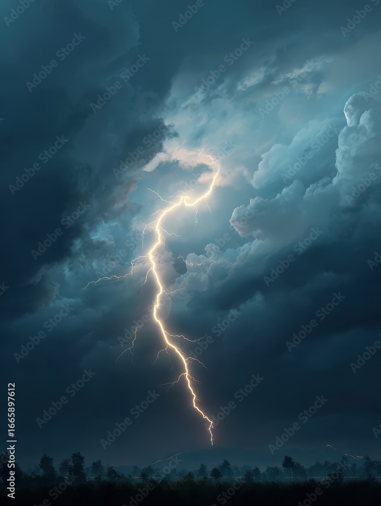 Obraz premium dramatic bright yellow lightning bolt illuminates dark stormy sky with dramatic clouds and a silhouette of trees below