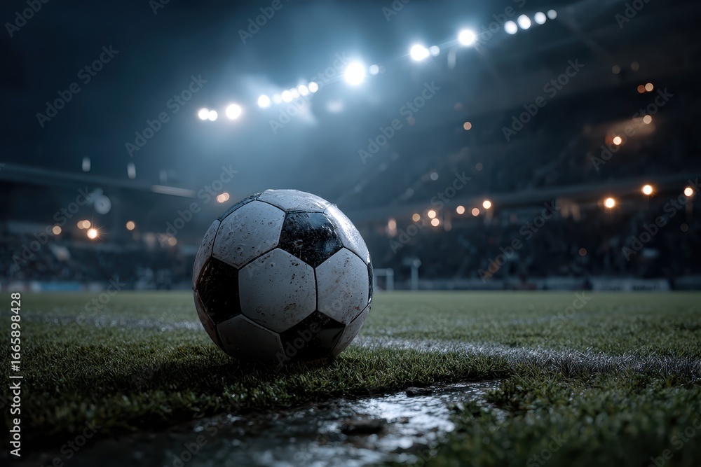 Naklejka premium Soccer ball resting on the field illuminated by bright lights during an evening match at a stadium