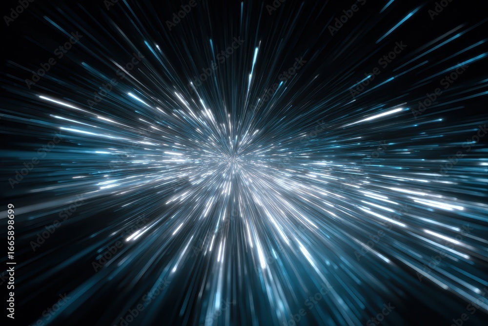 Fototapeta premium Dynamic blue rays create a mesmerizing zoom in motion effect with vibrant light trails radiating outward in a cosmic view