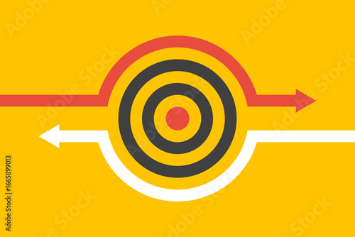 two different arrows around aim target, running outside target, vicious circle or mainstream concept