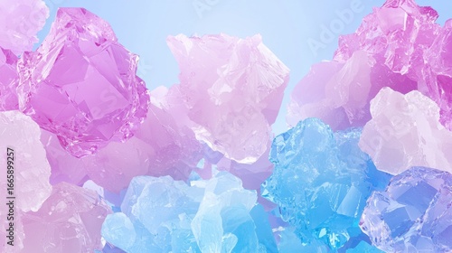 A collection of crystals in various colors and shapes, set against a light blue background.