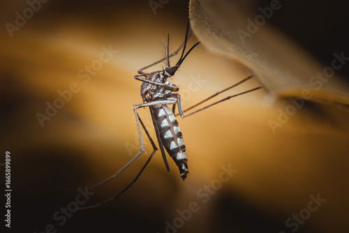 Asian tiger mosquito resting on a leaf: aedes albopictus close-up