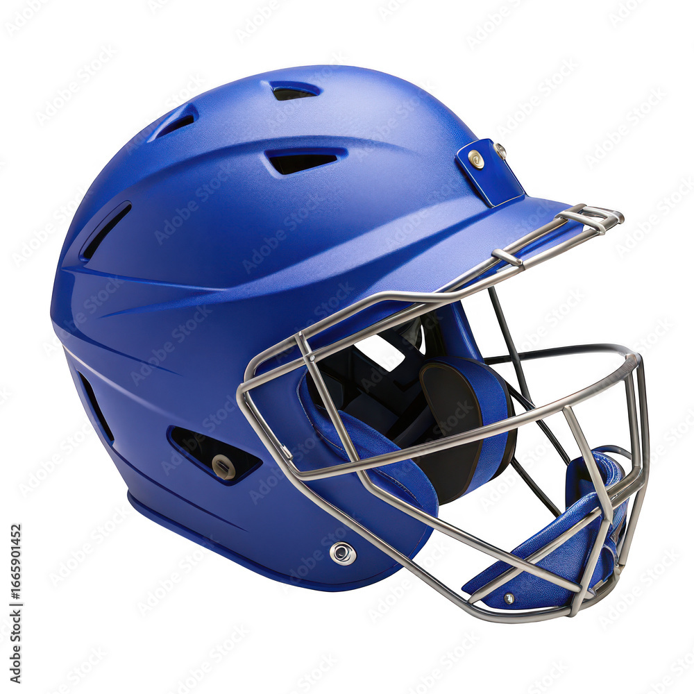 Fototapeta premium Blue baseball batting helmet with face mask isolated on transparent background