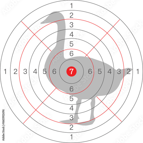 Silhouette of a goose centered on a circular target with numerical and radial markings, Targets for shooting isolated on transparent background 