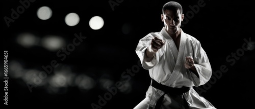 The martial artist delivering a powerful front punch in dramatic studio lighting