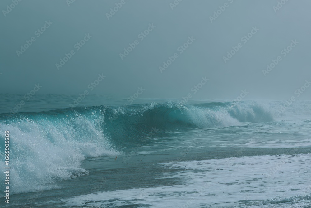 Fototapeta premium Serene Ocean Waves Rolling Gently on Foggy Beach at Dawn