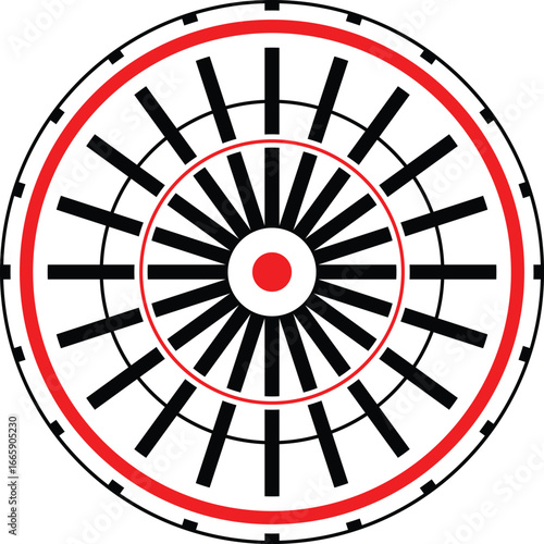 Circular abstract geometric design with radial lines and concentric circles in red and black isolated on transparent background