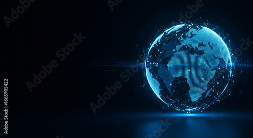 Abstract technology background with glowing digital globe and wide dark copy space for corporate design or presentation