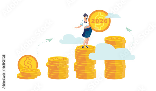 Happy New Year 2026, numbers. Business finance happy holiday, poster. Business girl with penny 2026 climbs up stacks of growth gold dollar coins. Economy, capital, people, commerce Vector Illustration