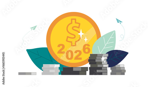 2026. Happy New Year. Golden penny with New Year's numbers 2026. Business finance, presentation. Profit, growth of silver coins. Investments in money management, income development.Vector illustration