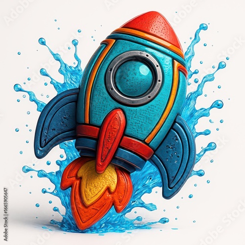 Cartoon rocket with blue and red details surrounded by blue water splash on a white background