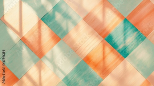 A vibrant geometric pattern of squares and rectangles in warm colors.