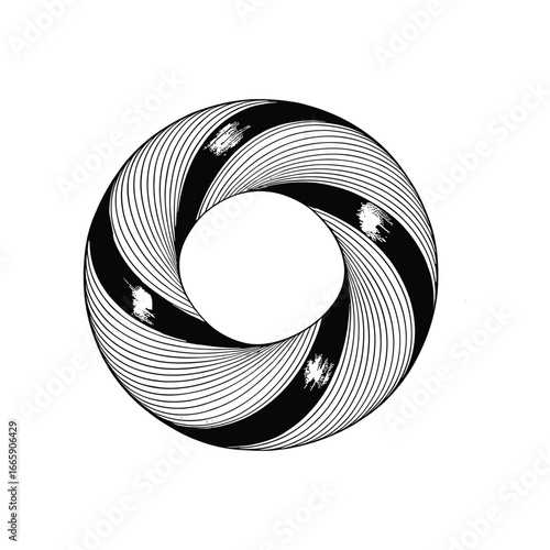 Abstract geometric circular aperture shape with spiraling black and white blades white background