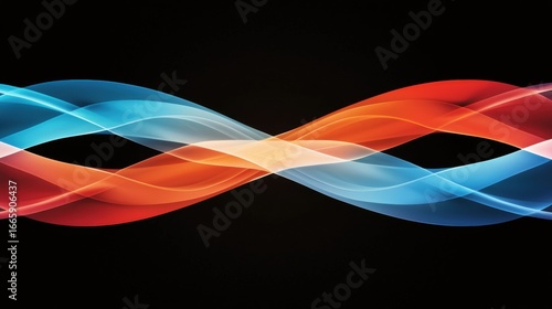 A digital art piece featuring a symmetrical design of two overlapping wave-like patterns in red, blue, and orange.