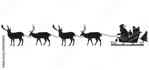 black silhouette illustration of Santa Claus riding in a sleigh pulled by four reindeer. The sleigh is filled with Christmas gifts and a decorated tree