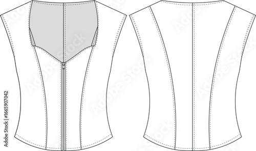 sleeveless quenn anne neck sweetheart square neck zippered princess darted tailored fit denim jean blouse top vest  template technical drawing flat sketch cad mockup fashion woman design style model 
