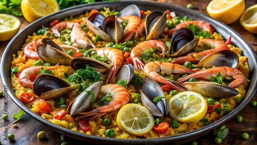 A vibrant spanish paella brimming with succulent shrimp, mussels, and other seafood, mixed with rice, peas, and tomatoes, garnished with lemon slices and parsley