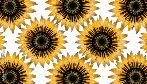 The striking beauty of sunflowers is captured in a repeating pattern with a dynamic, painterly feel.