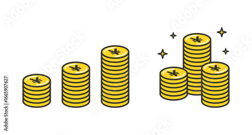 積み上げられたお金　コイン。ポイ活。Stacks of money coins. Point activities.