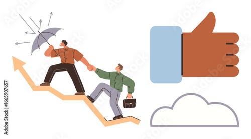 Two individuals climbing an upward arrow, symbolizing growth, holding an umbrella for protection, with a briefcase, thumbs-up, and cloud accent. Ideal for teamwork, leadership, success motivation