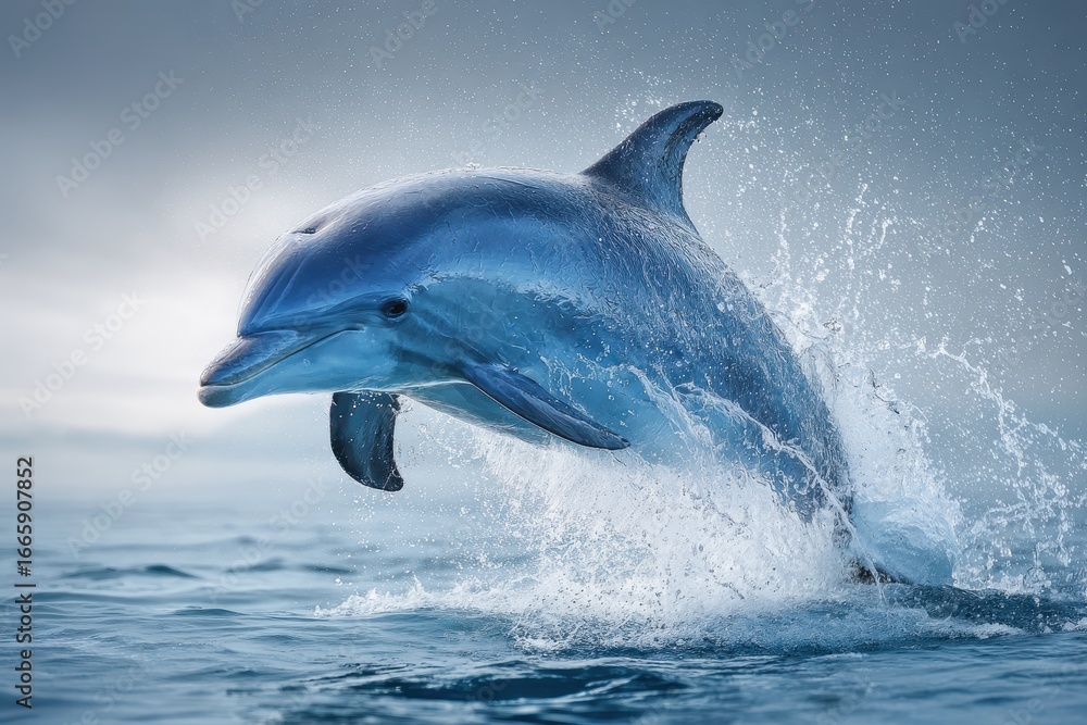 Fototapeta premium Bottlenose dolphin leaps joyfully from ocean waves at dawn showcasing its playful nature