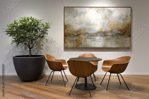 Modern office lounge area with abstract art and plants