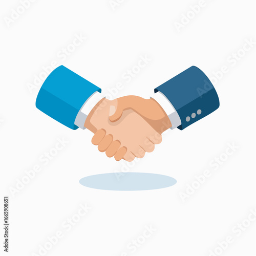 Businessmen shaking hands in agreement against white backdrop, symbolizing partnership and trust in a professional setting, conveying a sense of collaboration and success.