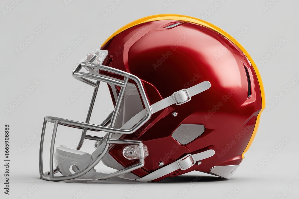 Fototapeta premium Isolated American football helmet showcasing a vibrant red color with yellow accents on a neutral grey background, perfect for sports merchandise or promotional materials