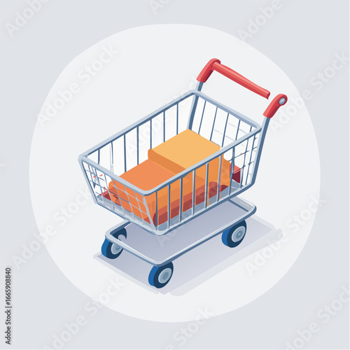 Shopping cart carrying boxes on a light gray surface representing online retail and ecommerce with a modern, minimalist feel.