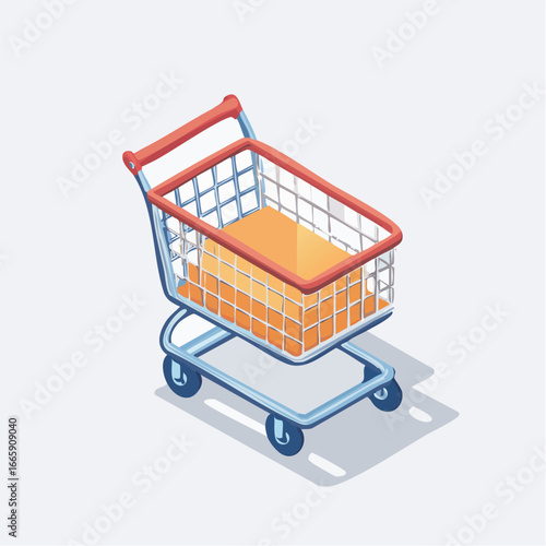 Shopping cart filled with orange boxes sitting on white surface casting a shadow, representing retail and consumerism in a simple, modern style.