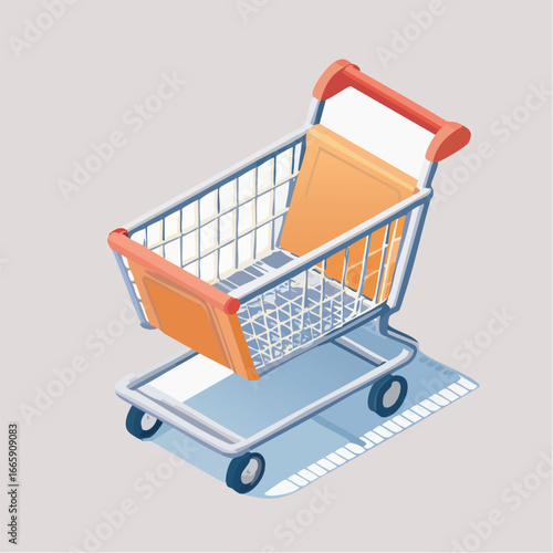 Orange shopping cart sitting on a gray surface in an isometric view, suggesting retail or online shopping with a modern and clean aesthetic.