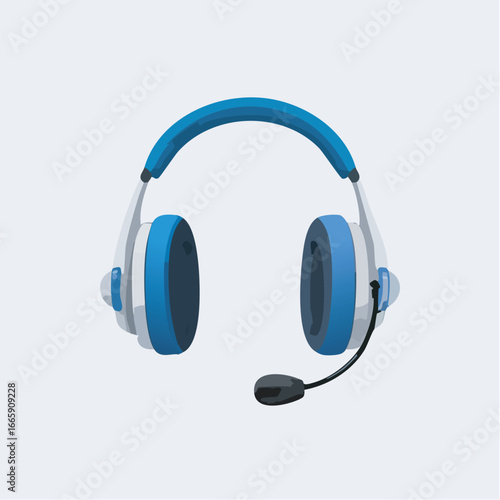 Blue and white headset with microphone displayed on a light blue surface, perfect for online meetings and gaming, creating a modern and techsavvy vibe.