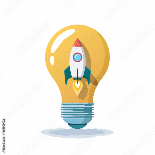 Rocket launching from lightbulb symbolizes innovative ideas and startup success with bright colors and clean lines, conveying a sense of creativity and progress.