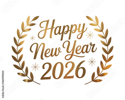 Golden Happy New Year 2026 Typography with Laurel Wreath and Sparkles on Transparent Background