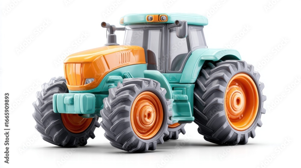 Obraz premium A vibrant toy tractor is set against a clean white backdrop, offering a playful scene.