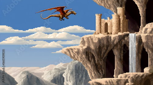 Dragon Flying Over Cave Castle Pixel Art Landscape