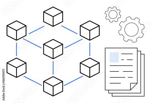 Interconnected cubes form a network, accompanied by documents and gears symbolizing blockchain, decentralization, and development. Ideal for technology, data, innovation, fintech, collaboration