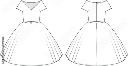short sleeve v neck belted zippered fit and flared balloon a line long maxi midi dress gown bridal  template technical drawing flat sketch cad mockup fashion woman design style model 
