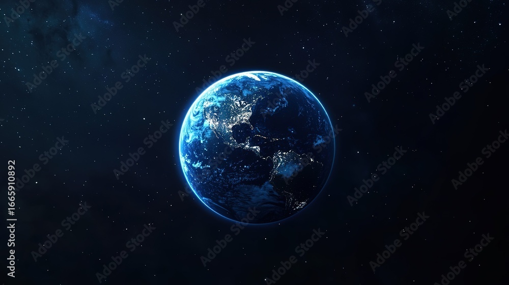 Obraz premium Cinematic blue Earth with glowing lights in space, black background—Earth viewed from above, surface illuminated by glow, no visible sun; isolated frame with white border on all edges