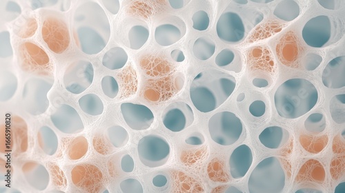 A close-up view of a complex network of interconnected white and orange filaments, resembling a web or a biological structure.