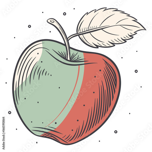 Hand Drawn Apple with Leaf in Vintage Style fruit food