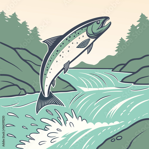 Salmon Leaping Upstream Waterfall Against Forest Background