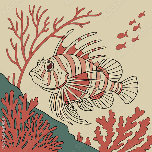 Lionfish swimming near coral reef in muted colors underwater