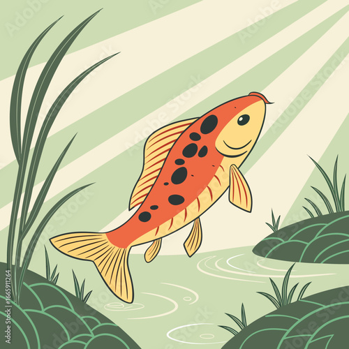 Stylized koi fish leaps from water with sun rays animal