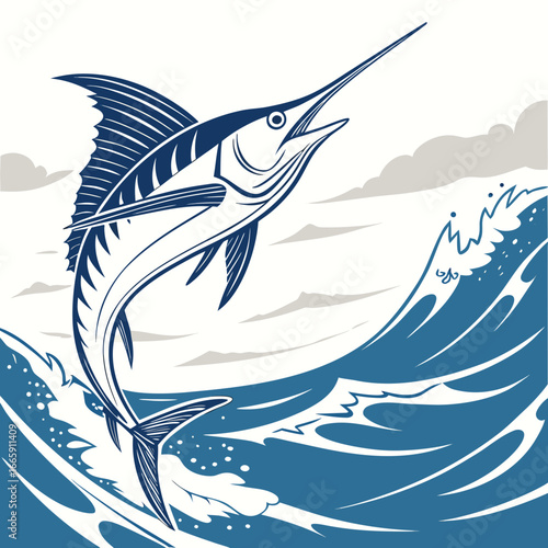 Blue Marlin Leaping From Ocean Waves With Clouds fish