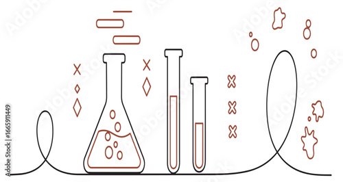 Abstract scientific illustration featuring flasks and bubbling liquids with geometric shapes