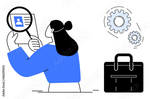 Woman inspecting a profile document with magnifying glass, gears signify process, black briefcase hints professional context. Ideal for recruitment, HR, analytics, workflow, career, organization