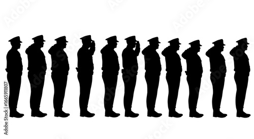 Row of Police Officers Saluting in Silhouette Style on White Background silhouette